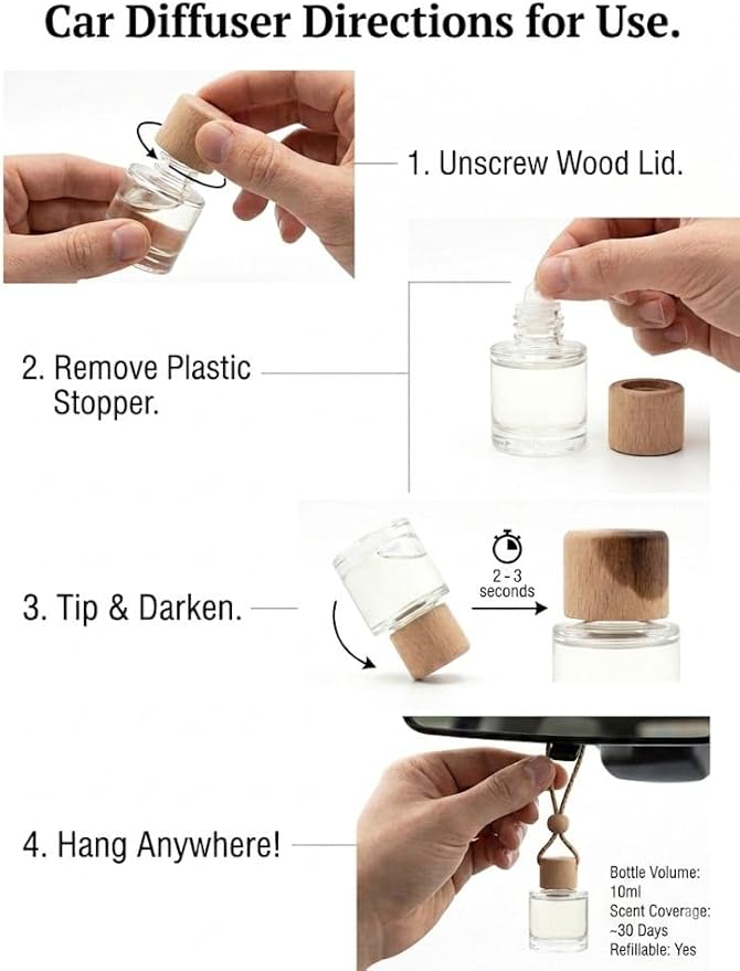 Hanging Car Air Diffuser - Glass and Wood Essential Oil Car Air Freshener - Long Lasting Rearview Mirror Scent - FyrBugg Apothecary, LLC - 10ml(Dahlia Noir)