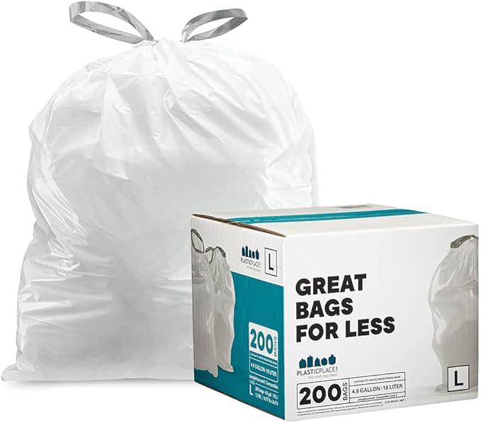 Plasticplace Custom Fit Trash Bags, Compatible with Simplehuman Code L (200 Count) White Drawstring Garbage Liners 4.8 Gallon / 18 Liters, 16.75" x 24.5"