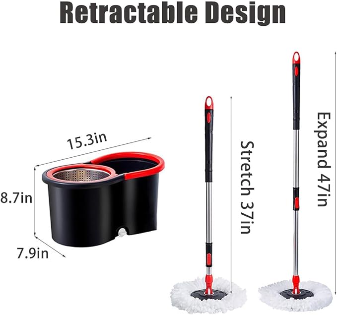 Spin Mop and Bucket with Wringer Set, Easy Labor-Saving, 360 Spinning Mop with 2 Microfiber Replacement Heads, 47in Stainless Steel Handle, for Floor Cleaning Home Office(Blue)