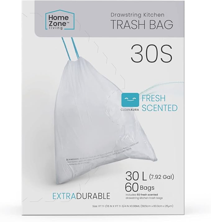 Home Zone Living 8 Gallon Kitchen Trash Bags with Drawstring Handles, Heavy Duty Custom Fit Design for Standard 30 Liter Kitchen Trash Cans, Code 30S, 60-Count