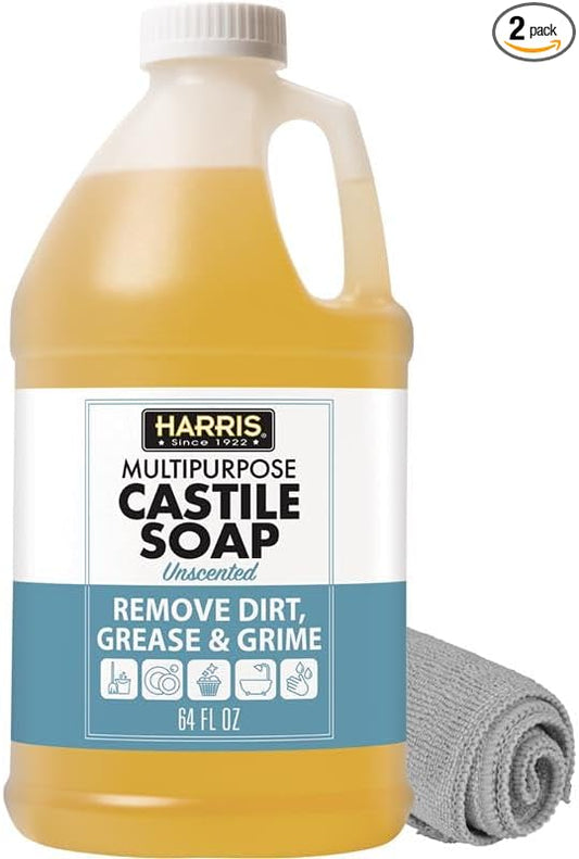 HARRIS Multi-Purpose Pure Liquid Castile Soap with Micro Fiber Towel for Home Cleaning, For Dish Soap, Laundry Detergent, Kitchen and Bathroom Surfaces, Kids Rooms, Unscented, 64 Oz