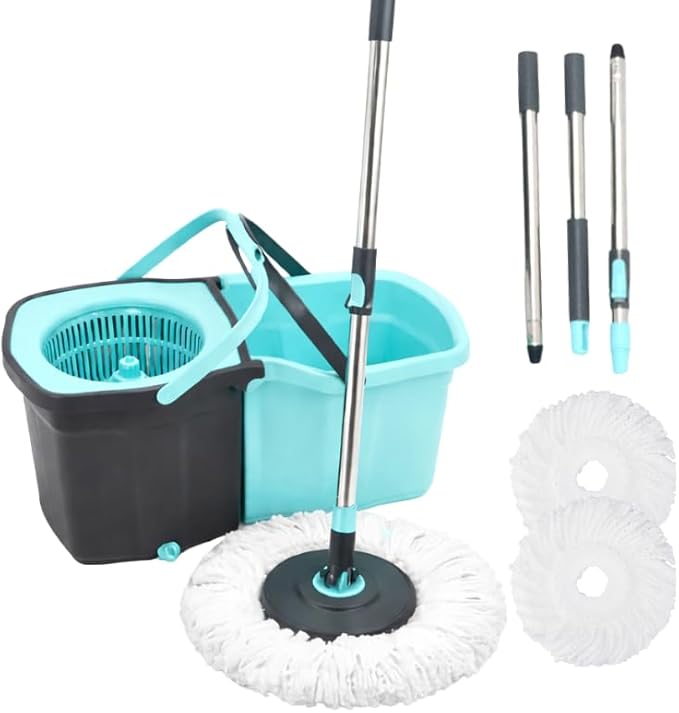 Casabella Spin Mop System with Extra Mop Head Refill - Two-Bucket Design with Splash Guard Built-in Measuring Cup and Scraper Tool with Easy Wring Pedal Spinner, 1.25-Gall (Detachable Mop)