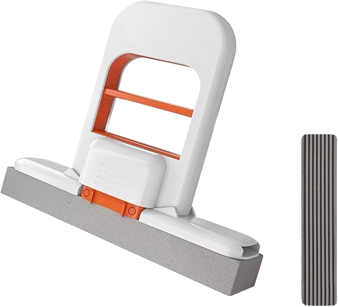 Self-Squeeze Mini Mop & Crevice Brush Set, Cleaning Tool for Small Spaces, Hard Bristle Brush for Tile Grout, Window Tracks, Kitchen, Bathroom & Car (Orange)