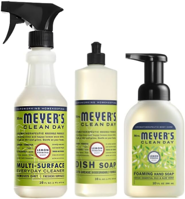 Mrs. MEYER'S CLEAN DAY Lemon Verbena Scent, Foaming Hand Soap 10 Fl Oz, Multi-Surface Cleaner 16 Fl Oz, Dish Soap 16 Fl Oz (Variety Pack)