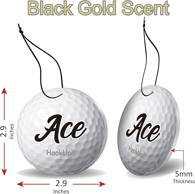 Golf Car Air Freshener by HookUp - 4 Pack - Black Gold Scent (Extra Strong) | Unique Golf Gift for Players, Coach, Fans | Hanging Car Accessory with Long Lasting Fresheners Smell