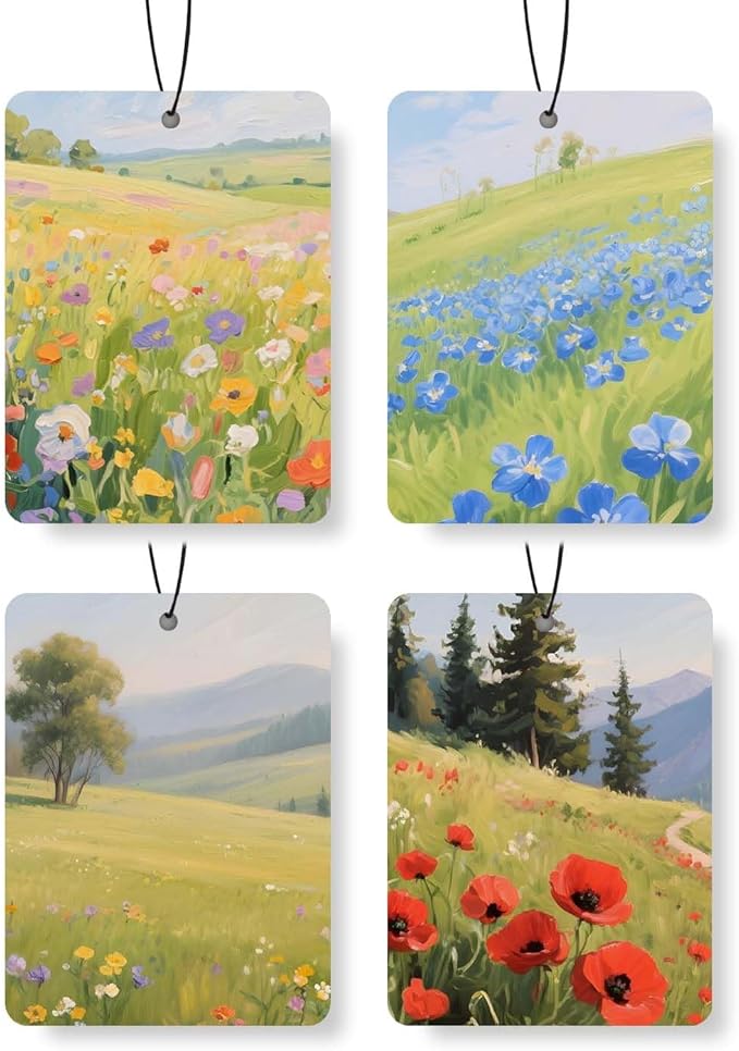 Landscape - Themed Car Air Freshener 4 Pcs, Oil Painting - Style Scenery Hanging Air Freshener for Cars Closet Drawer Books, Car Accessories Mirror Decor for Nature Lovers.