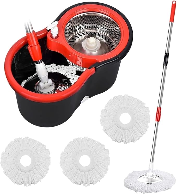 360° Spin Mop Bucket Sets with Wring System in 3 Microfiber Heads, Stainless Steel Basket