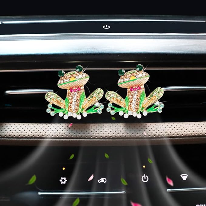 Frog Car Accessories, 2pcs Bling Tree Frog Air Vent Clips Car Air Fresheners,Cute Red Bow Tie Colorful Rhinestones Frog Car Decor,Refillable Diffuser