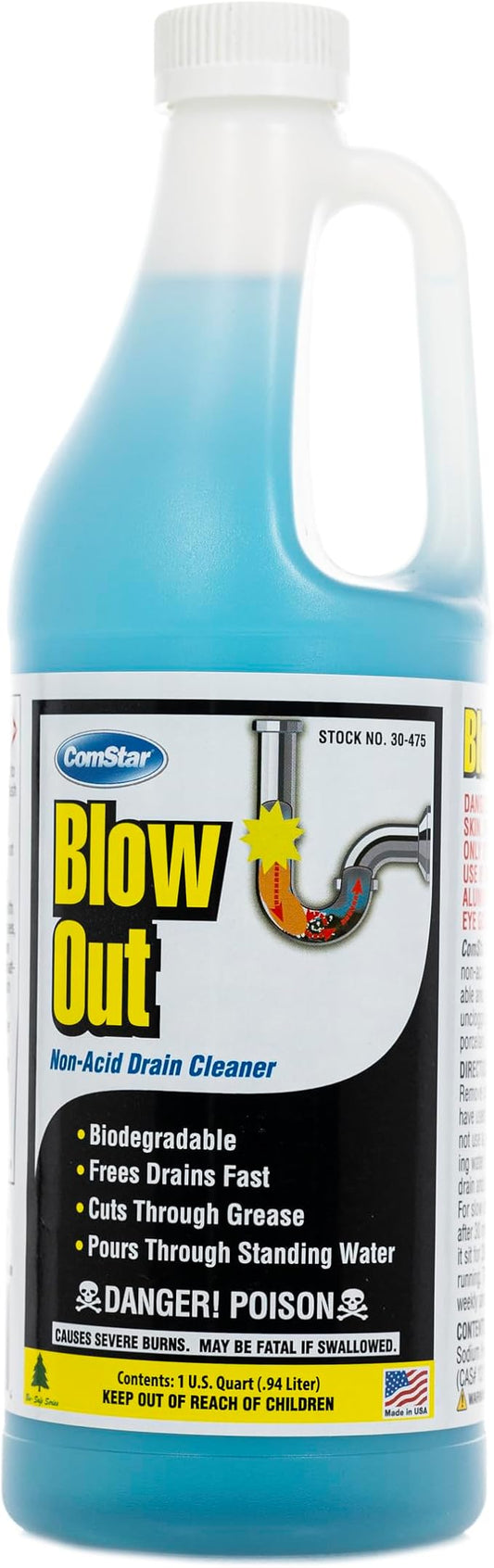 ComStar Blow Out, Non-Acid Liquid Drain Cleaner, Industrial Strength Formula for Fast Unclogging, Dissolves Hair Grease Soap & Organic Build-Up, Safe for Pipes, Septic, Porcelain, 1 Quart (30-475)