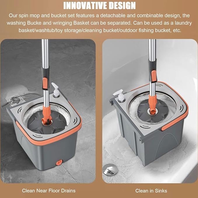 Spin Mop and Detachable Wringer Bucket Set, Separates Clean & Dirty Water, 180° Spinning Microfiber Mop Heads, Household Floor Cleaning System for Hardwood, Wood, Laminate, Tile