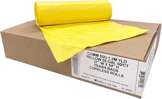 Ultrasac Heavy Duty 55 Gallon Yellow Trash Bags - (Value 50 Pack) - 1.5 MIL equivalent Industrial Strength Plastic 37" x 54" for 50-55 Gal Cans -Fits Toter, Rubbermaid Brute, Carlislie Bronco etc.