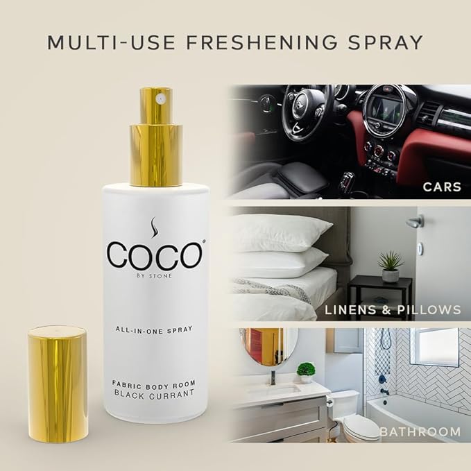 COCO by Stone 5oz All-in-One Spray (Black Currant) Shake & Spray Formula for Fabric, Pillows, Interiors, Clothing, Home Fragrance Accessories, Room Perfume, Room Deodorizer, Vegan & Cruelty-Free