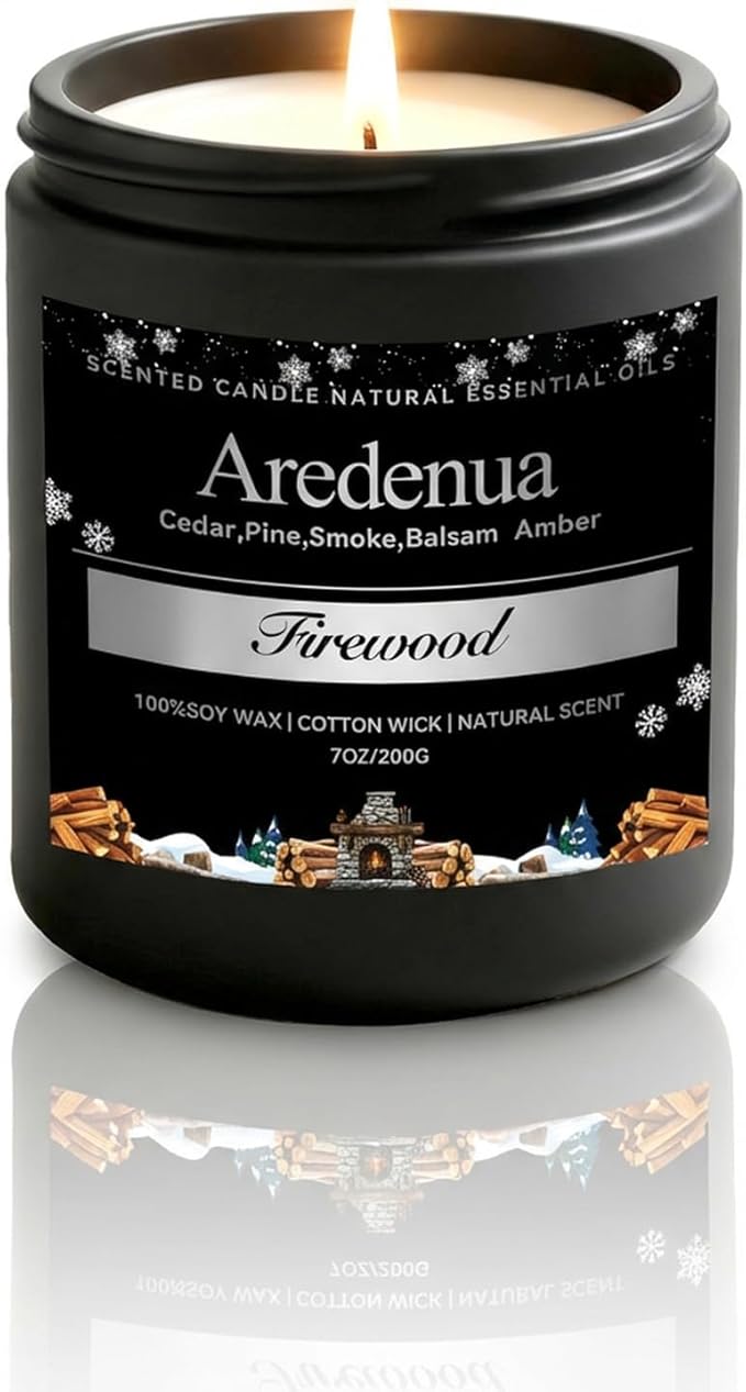 Firewood Candle – Winter Candles | Holiday Scented Candles, 7oz Jar Soy Candle for Home Scented - 50H Burn - Smoky Fireplace Cozy & Warm Scent, Aromatherapy Gifts for Women & Men, Rustic Holiday Décor