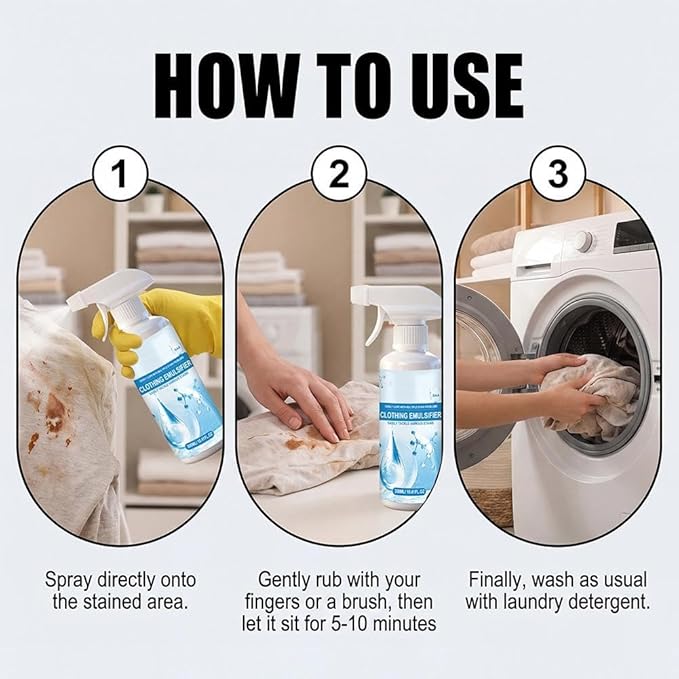 10 Fl Oz Clothing Emulsifier,Powerful Laundry Stain Remover Spray,Non Ionic Emulsifiers Cloth Cleaner,Clothes Dry Clean Spray for Grease,Oil,Food on Clothes and Shoes,Fabric Conditioner Restore Color