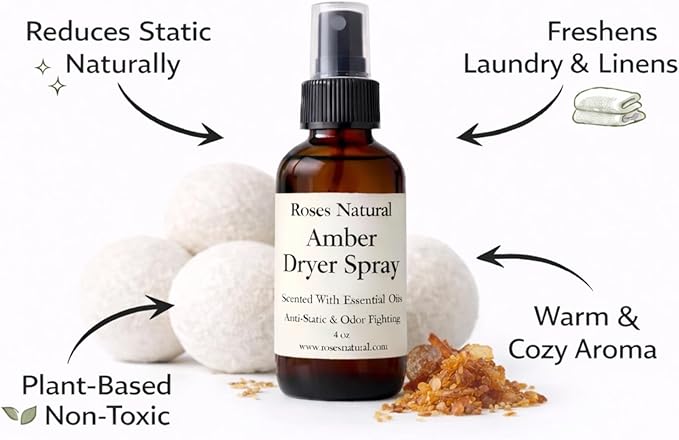 Wool Dryer Balls & Dryer Spray Bundle – 3 Reusable Dryer Balls + Plant-Based Essential Oil Dryer Spray, Natural Fabric Freshener, Anti-Static & Odor Fighting (Amber)