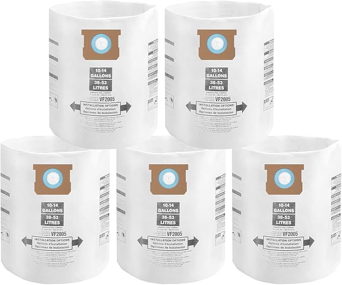 for 2-1/2" Port Shop Vac Bags 10-14 Gallon, Type F 90662 9066200 9066233; Type I 90672 9067200 9067233; VF2005, High Efficiency Disposable Fine Dust Collection Vacuum Filter Bags (5 Pack)