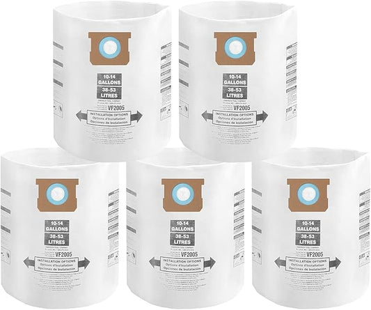 for 2-1/2" Port Shop Vac Bags 10-14 Gallon, Type F 90662 9066200 9066233; Type I 90672 9067200 9067233; VF2005, High Efficiency Disposable Fine Dust Collection Vacuum Filter Bags (5 Pack)