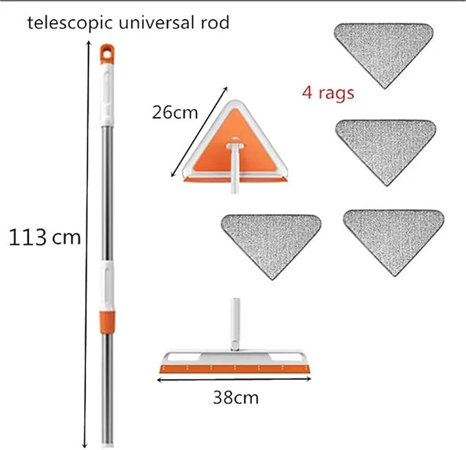 2025 Telescopic Window Cleaning Wiper Magic Brush Silicone Strip Floor Broom Household Tool Triangle Spin Mop Water Drying Wiper(4 Rags mop)