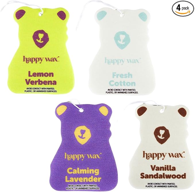 Happy Wax Relax and Refresh Mix Hanging Car Cub Air Fresheners Infused with Natural Essential Oils, 4 Ct. Variety Pack - Contains Calming Lavender, Fresh Cotton, Lemon, and Vanilla Sandalwood