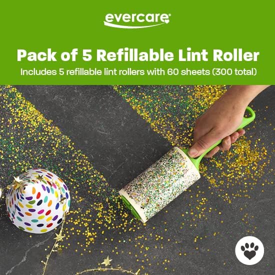 Evercare Pack of 5 Pet Extreme Stick Giant Refillable Lint Roller, 60 Sheets