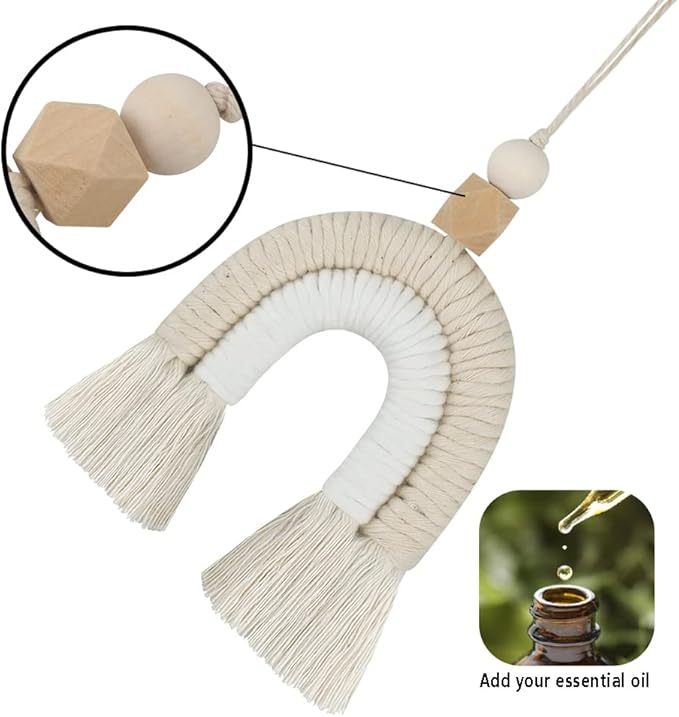 Macrame Rainbow Charm Boho Felt Ball Wood Bead Essential Oils Diffuser Interior Decor Handmade Car Accessories Colorful Hanging Air Freshener Decor(Brown)