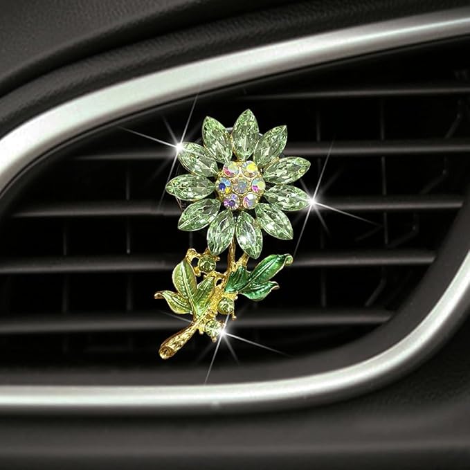 Bling Sunflower Air Vent Clips, Sunflower Car Air Fresheners Vent Clips Car Diffuser Diamond Car Decoration Rhinestone Car Interior Decor (Green)