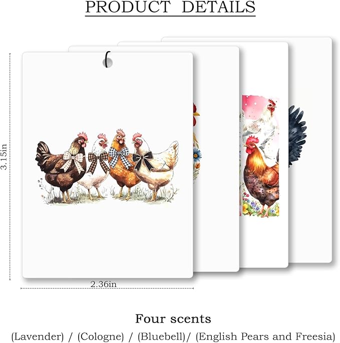 Coquette Floral Chicken Car Air Freshener 4 Pcs, Rustic Farmhouse Chicken Hanging Scents Air Freshener for Women Girls Gifts, Aesthetic Scented Car Accessories Decor for Room Closet Drawer
