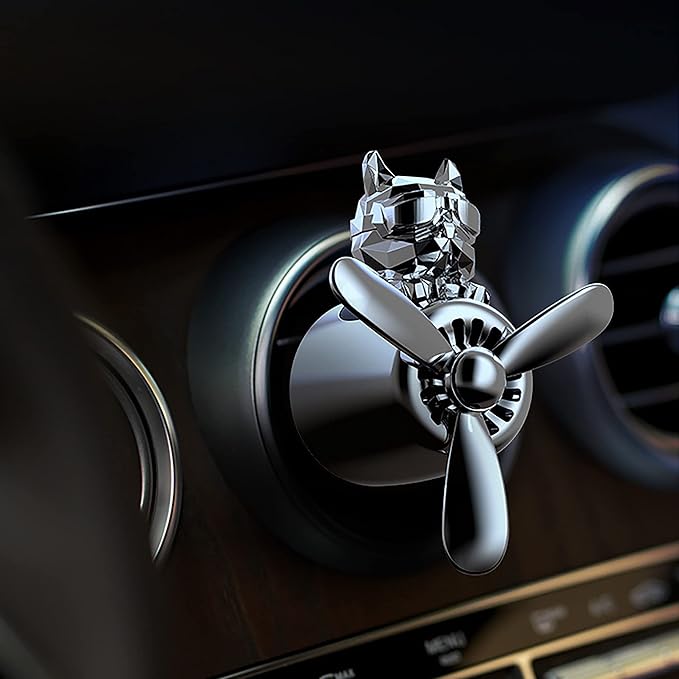 Car Air Freshener Cute Cartoon Bulldog Pilot Car Diffuser Rotating Propeller Automotive Air Outlet Fan Creative Funny Car Perfume Decoration Cool Car Accessories (Silver)
