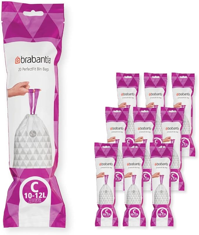 Brabantia PerfectFit Trash Bags (Size C/2.6-3.2 Gal) Thick Plastic Trash Can Liners with Drawstring Handles (200 Bags)