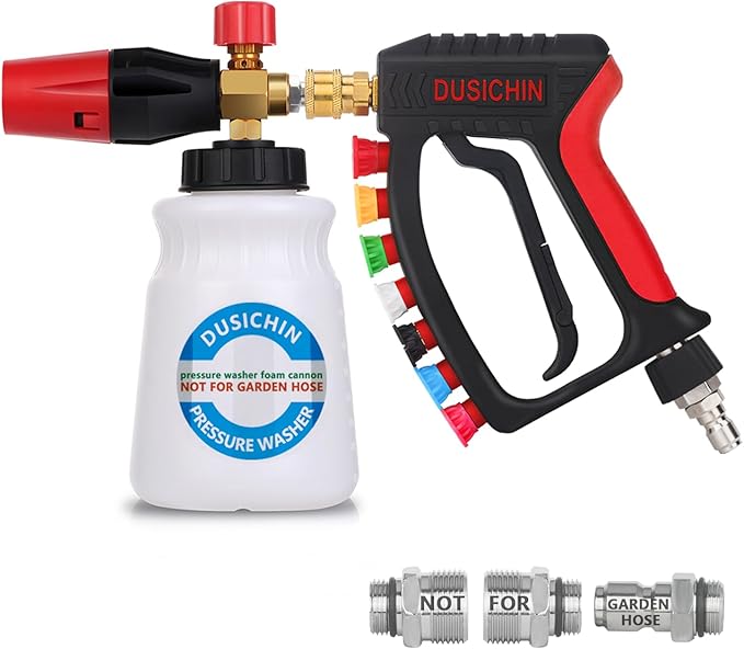 DUSICHIN Short Pressure Washer Gun Swivel Joint 4000 PSI Foam Cannon Lance,7 Pressure Washer Nozzle Tips Car Wash Foam Gun 7 Tip Slots 3/8'' Swivel Quick Connector,M22-14mm M22-15mm Fitting DUS2912