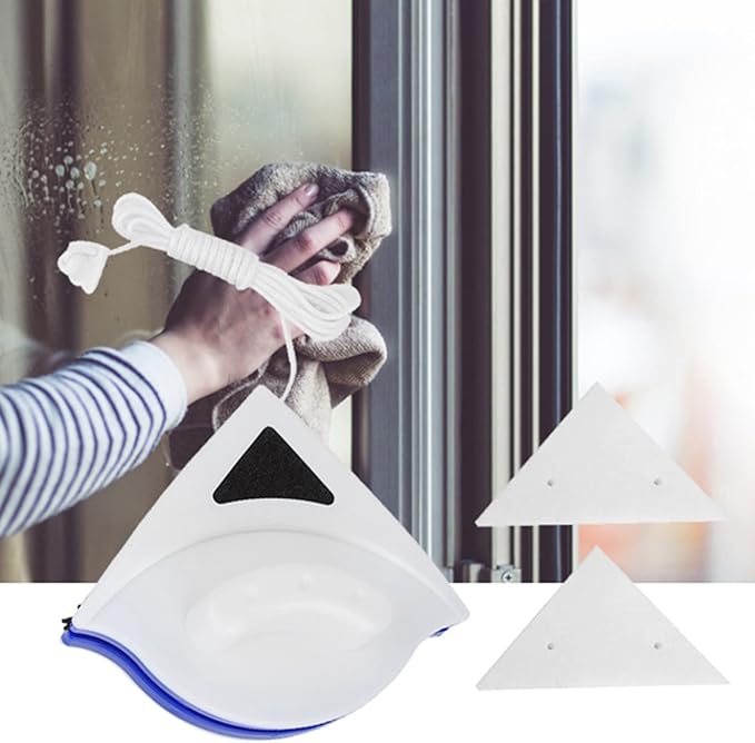 Magnetic Brush Cleaner, Double Side Window Glass Tool. Easy to, Strong Absorption. RUB Corners with The trilateral Design, Easy scrubbing with The Magnetic Design. Double