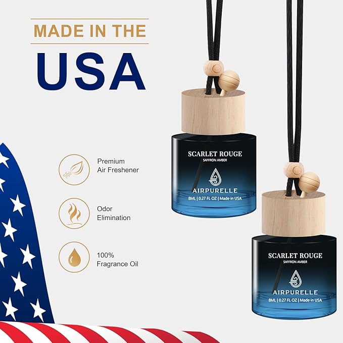 Car Air Freshener Hanging 2 Pack Car Air Fresheners Diffuser - Saffron Amber Fragrance Oil Air Diffuser for Car, 45+ days Long Lasting Fragrance, Two 0.27 FL OZ/8ML Made in USA Car Air Fresheners