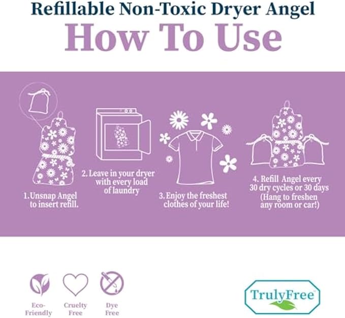 Truly Free Dryer Angel - Natural Dryer Sheet Alt, Non-Toxic Reusable Fabric Softener Booster Sheets, Safe for Babies and Sensitive Skin, Laundry Room Essentials - Germanium Scent - 2 Packs + 2 Refills