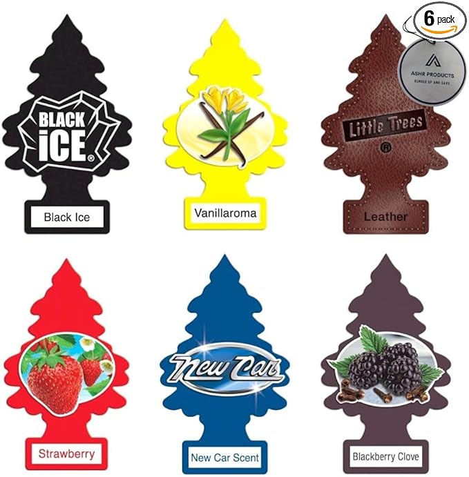 Little Tree 6 most popular scents for Home, Car, Van, Truck, RV Air Fresheners Black Ice | Blackberry Clove | New Car Scent | Vanillaroma | Leather | Strawberry AHSR Products Bundle Set