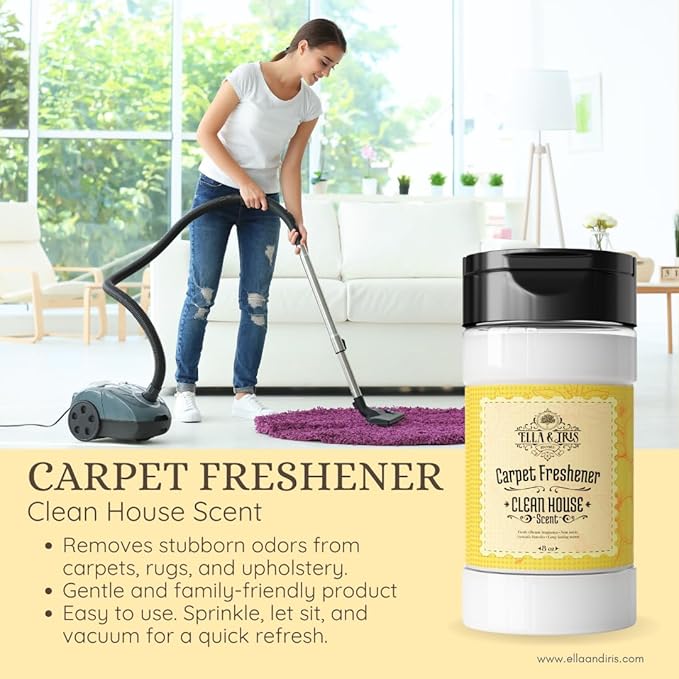 Ella & Iris Home Clean House Carpet Freshener – Citrus Carpet Deodorizer & Odor Eliminator for Carpets, Rugs, Upholstery & Car Interiors | Made with Baking Soda