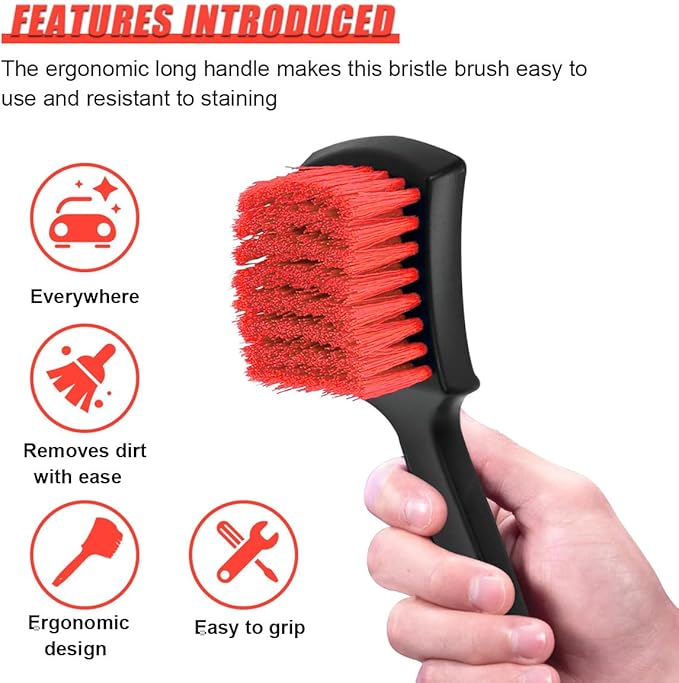 8.3×2.5 Inch Car Wash Brush, Soft Bristle Short Handle Carpet Cleaning Brush, Scrub Brush for Floor Mats, Tires, Automotive Wheel Bushes for Vehicle Interior & Home (Red)