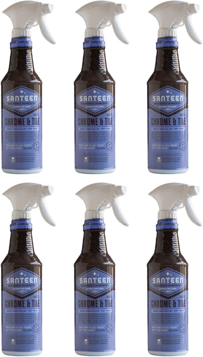 Santeen Chrome & Tile Cleaner | 6-pack of 22oz Trigger Spray Bottles | Dissolves Lime Rust & Hard Water Corrosion Stainless Steel Enamel Porcelain Sinks Tubs Shower Stalls Glass Chrome Copper Brass
