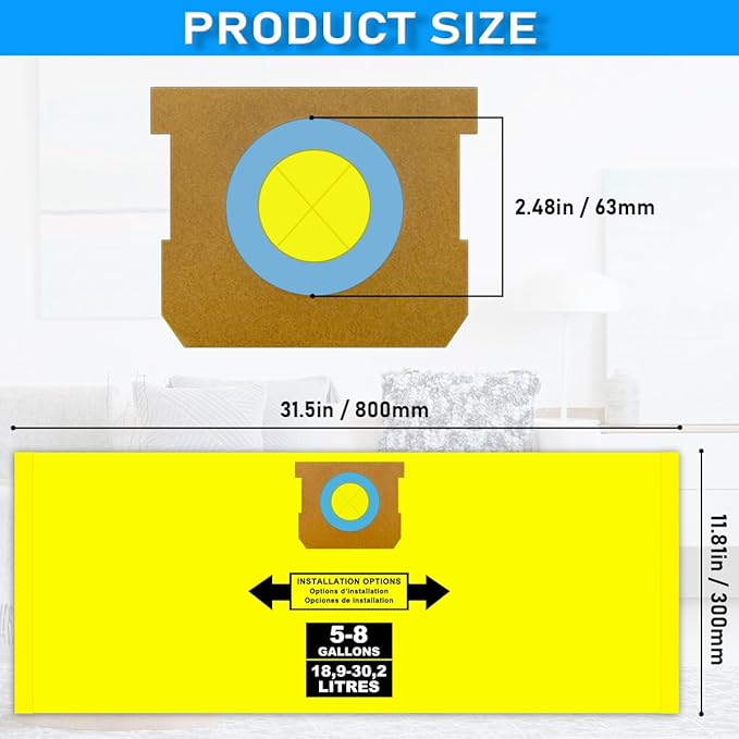 5-8 Gallon Bags for Shop Vac 5, 6, 8 Gallon, 90661, 90671, Type E, Type H, VF2004, VHBS, VDBS, 9066100, 9066133, 9067100 Vacuums, High-Efficiency Disposable Collection Filter Bag, Double Layer, 6 pack