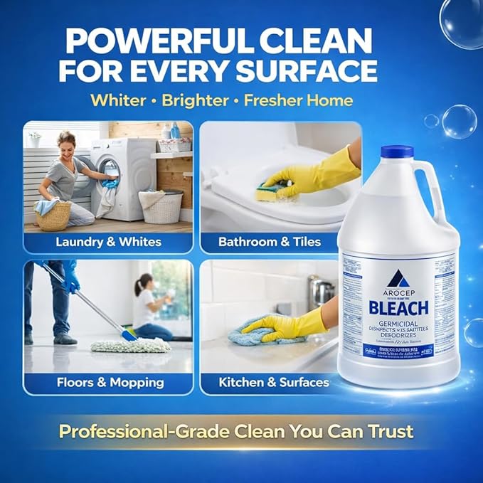 Liquid Chlorine Bleach Gallon – 6Pcs 1 Gallon Jug Bleach for Laundry, Household Cleaning, Commercial Use - Highly Concentrated Formula Bathroom Cleaner Ideal for Kitchen Surfaces, Tiles, Floors