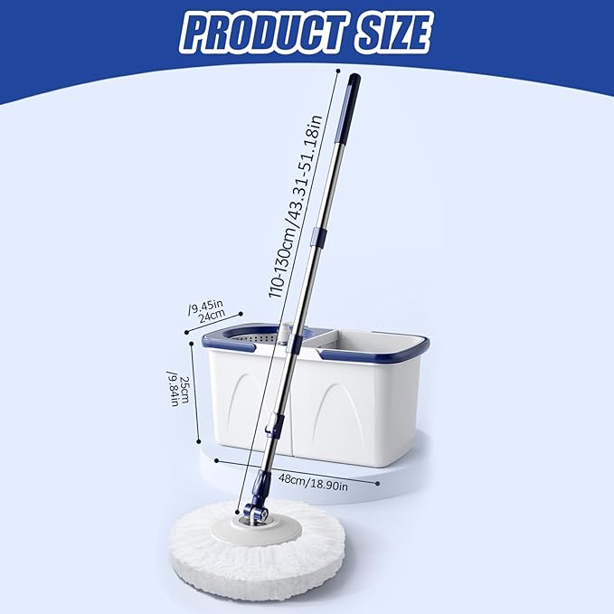 Spin Mop and Bucket Set 43-51" Telescopic Microfiber 15" Round Mop with Wringer, 2 Pads & Detachable 2 Compartment Bucket with Draining Hole for Home ...