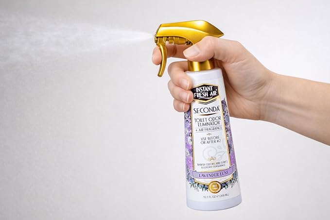 Seconda Premium Toilet Spray - Bathroom Air Freshener & Toilet Bowl Odor Eliminator - For Home, Business, School - Bathroom Deodorizer - Long Lasting Lavender Fragrance 10.1 fl oz.