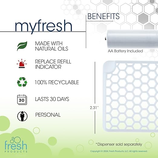 Fresh Products myfresh 2.0 Personal Air Freshener with Dry Fragrance Technology for Small Spaces Compact Design Motion Sensor Battery Included Coconut Vanilla 6 pk