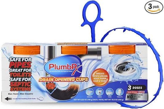 Drain Opener Cups | Hair Clog Remover | Drain Cleaner For Toilets, Sinks, Tubs - Septic Safe | 3 Uses + Hair Snake