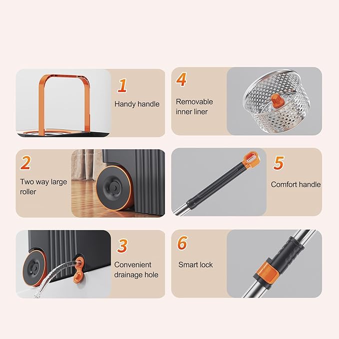 Spin Mop and Bucket,Mop and Bucket with Wringer Set for Home,360 Degree Stainless Steel Spin Mop,Microfiber Mop Head,Household Essentials Cleaning Tools,Wall Floor Cleaning Supplies (Orange)