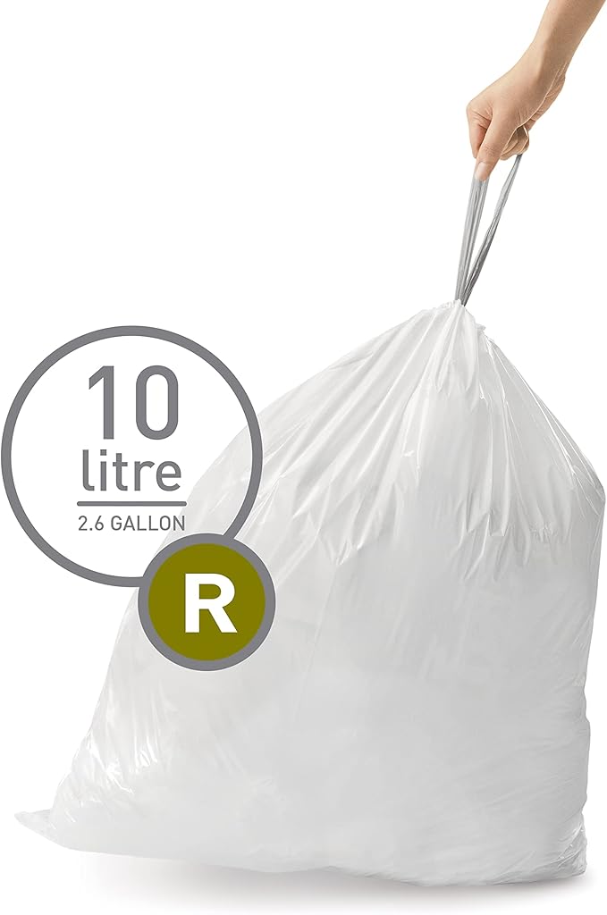 simplehuman Code R 100 Count, Dispenser Pack Custom Fit Liners, Drawstring Trash Bags, 10 Liter / 2.6 Gallon, White