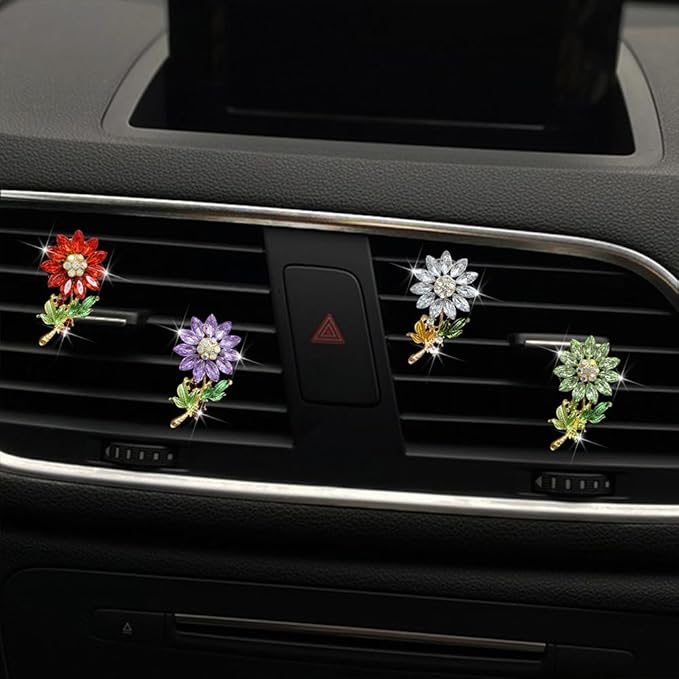 Bling Sunflower Air Vent Clips, Sunflower Car Air Fresheners Vent Clips Car Diffuser Diamond Car Decoration Rhinestone Car Interior Decor (Green)