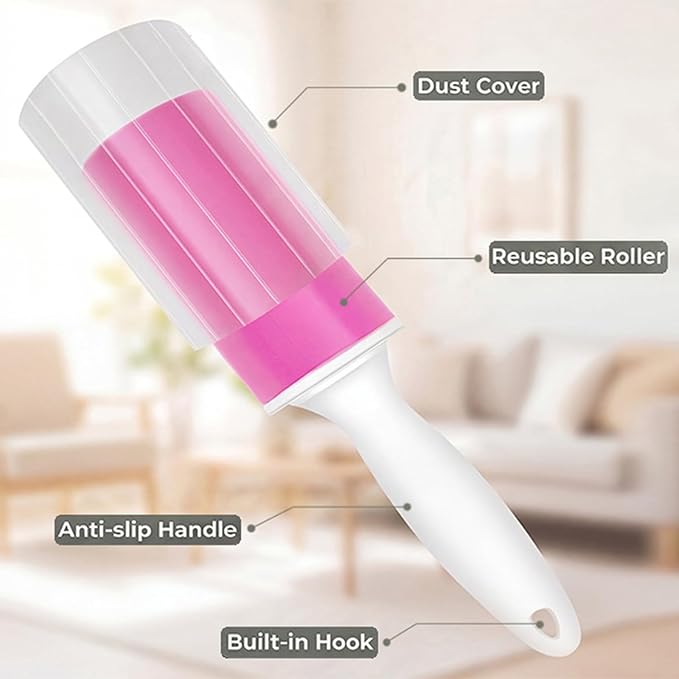 Washable Gel Lint Roller 3 Pack, Reusable Sticky Lint Roller Portable Pet Hair Remover Cleaner for Clothes, Travel, Home, Large with Cover and Foldable Mini Remover, Pink
