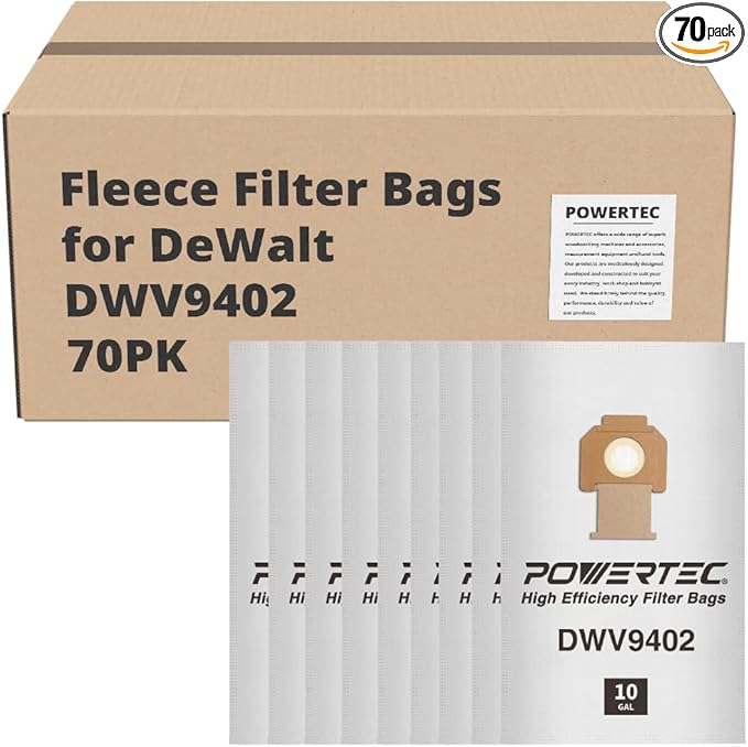 POWERTEC DWV9402 Fleece Bags for Dewalt 70PK, for Dewalt DWV010, DWV012, DWV015 8 & 10 Gallon Dust Extractor, Replacement Shop Vacuum Bags, Filter Bags for Dewalt (75029-Case14), Case of 70