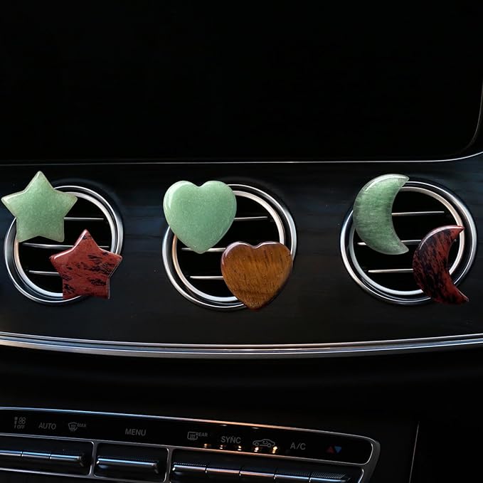 Set of 3 Crystal Stone Car Air Vent Clips, Moon Star Heart Quartz Charm Car Air Freshener Clip, Air Conditioning Outlet Clip, Cute Car Interior Decoration Accessories for Men Women (Green, Unscented)