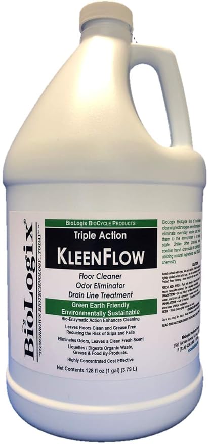 BioLogix KleenFlow Triple Action Floor Cleaner, Superior Odor Eliminator, Highly Effective Drain line Treatment (4X1 Gallon Case)